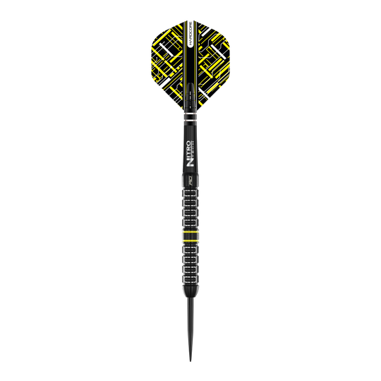 Red Dragon Astraeus Q4X Parallel Steeldarts Das Bild zeigt einen Red Dragon Astraeus Q4X Parallel Steeldart. Der Dartpfeil hat ein modernes Design mit schwarzen und gelben Akzenten auf den Flights.