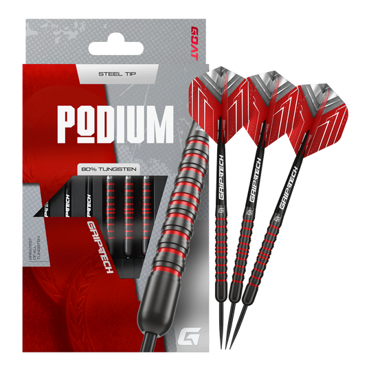 Das Bild zeigt die GOAT Podium Black Steeldarts. Dies sind hochwertige schwarze Steeldarts für den professionellen Einsatz.