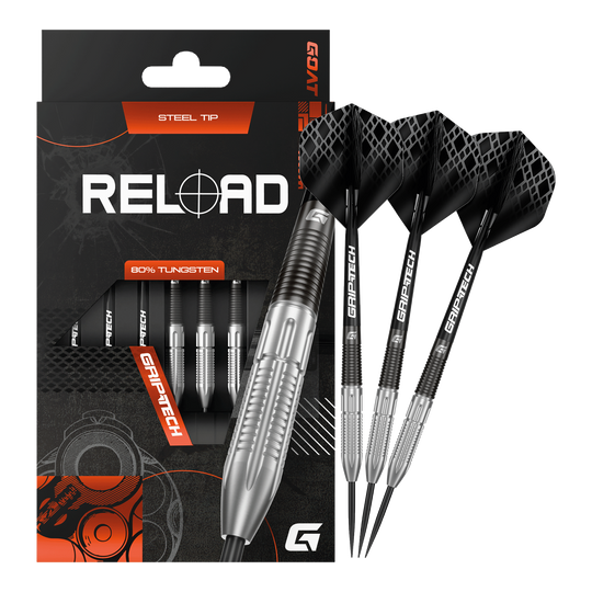 GOAT Reload Steeldarts Auf dieser Aufnahme sind die GOAT Reload Steeldarts abgebildet. Es handelt sich um hochwertige Steeldarts für das Dartspiel.