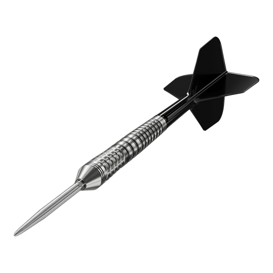 Target Black Marque Renegade 4 Swiss Point Steeldarts Das Bild zeigt einen Target Black Marque Renegade 4 Swiss Point Steeldart. Der Dartpfeil hat eine silberne, gerillte Spitze und schwarze Flights.