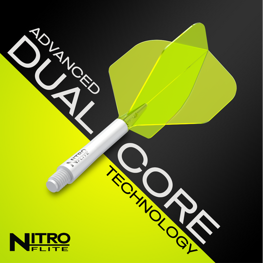 Das Bild zeigt das Produkt "Red Dragon Nitroflite - White Shaft Yellow No2 Flights" mit einem weißen Schaft und gelben Flights. Im Hintergrund steht der Text "Advanced Dual Core Technology".