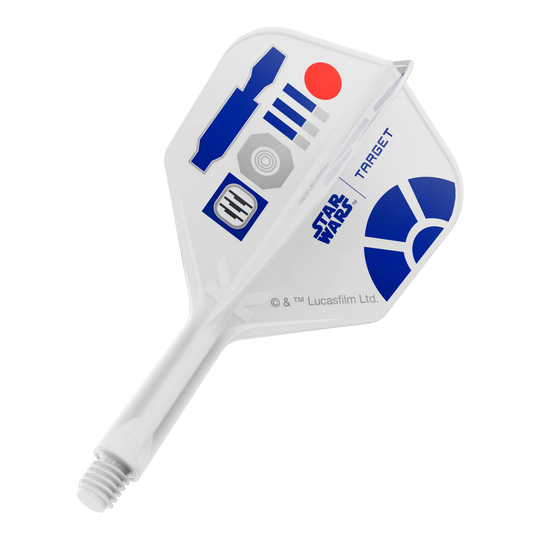 Das Bild zeigt Dart-Flights mit einem R2D2 Motiv und der Bezeichnung 410510_Target_StarWars_KFlex_R2D2_No6_Flights_Short_19mm_1. Es handelt sich um kurze Dart-Flights im Star Wars Stil.