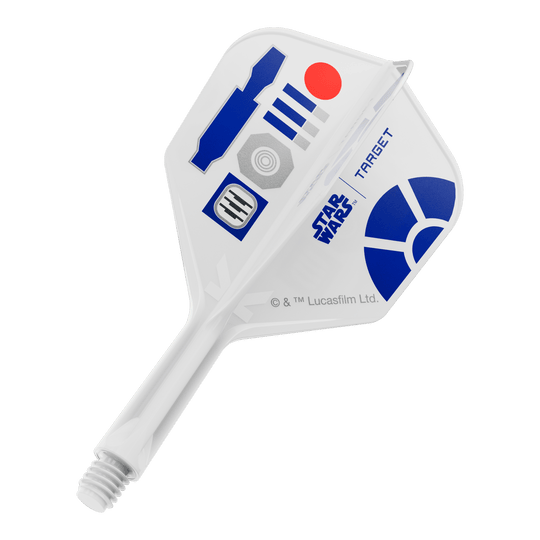 Target Star Wars K-Flex R2D2 No6 Flights Das Bild zeigt Dart-Flights mit einem R2D2 Motiv und der Bezeichnung 410510_Target_StarWars_KFlex_R2D2_No6_Flights_Short_19mm_1. Es handelt sich um kurze Dart-Flights im Star Wars Stil.