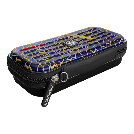 Etui na lotki Target Takoma Josh Rock Das Bild zeigt ein Target Takoma Josh Rock Dartcase. Das Etui hat ein auffälliges Muster in Blau und Gelb mit einem schwarzen Reißverschluss.