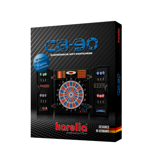 Auf dem Bild ist die Verpackung einer elektronischen Dartscheibe "CB 90 Turnierausführung" von Karella zu sehen. Die Dartscheibe bietet 38 Spiele mit 210 Varianten und ist "Designed in Germany".