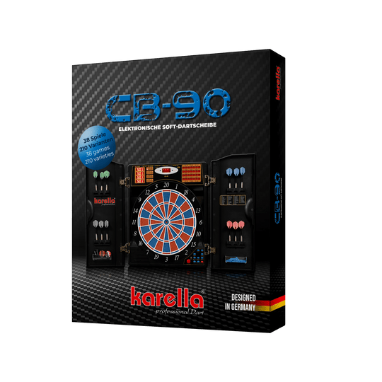 Elektroniczna tarcza do darta CB 90 wersja turniejowa Auf dem Bild ist die Verpackung einer elektronischen Dartscheibe "CB 90 Turnierausführung" von Karella zu sehen. Die Dartscheibe bietet 38 Spiele mit 210 Varianten und ist "Designed in Germany".