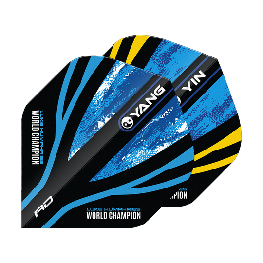 Czerwony Smok Luke Humphries Mistrz Świata Blue Gold Yin Yang Standard Flights Das Bild zeigt die "Red Dragon Luke Humphries World Champion Blue Gold Yin Yang Standard Flights". Die Flights sind in Blau, Schwarz und Gelb gestaltet und tragen die Aufschrift "World Champion" sowie "YIN" und "YANG".