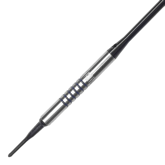 Lotki miękkie McDart 85 Tungsten V19 - 16,5 g Dies ist ein McDart 85er Tungsten V19 Softdart mit einem Gewicht von 16,5g. Der Dart hat einen silbernen Barrel mit schwarzen Rillen und einer schwarzen Spitze.