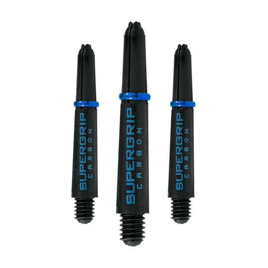 Das Bild zeigt drei Harrows Supergrip Carbon Shafts in der Farbe Aqua. Die Dartschäfte sind schwarz mit blauer Aufschrift und einem blauen Ring.