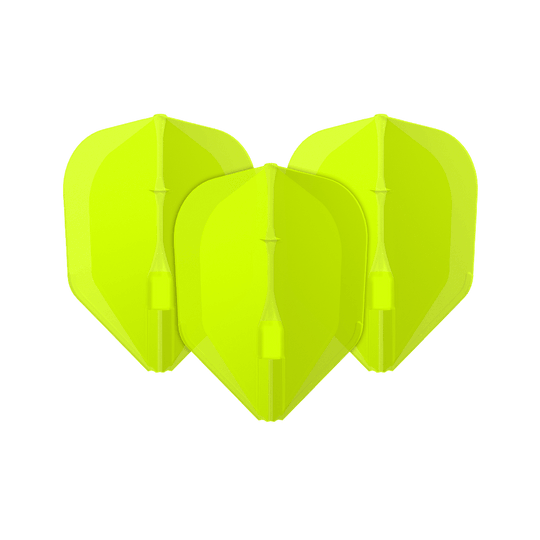 Loty L-L-Style3EZ Das Bild zeigt drei neon-gelbe Dartflights. Sie stehen nebeneinander und haben eine klassische Pfeilform.
