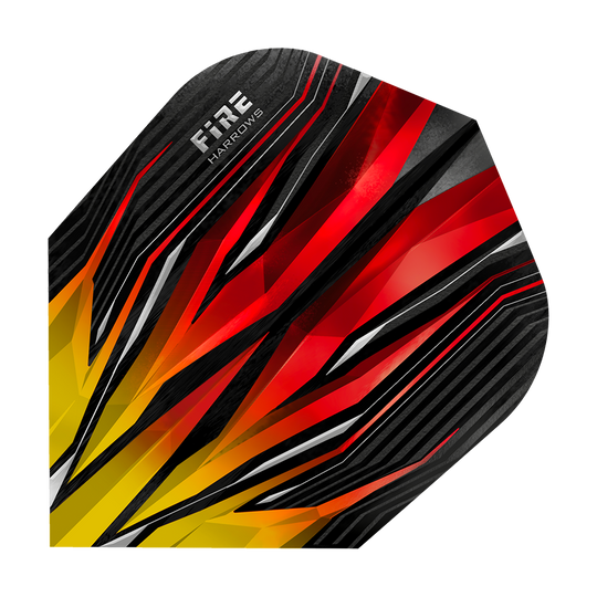 HR3_Harrows_Fire_Two-Tone_Standard_Flights_1hOGsEJynIT3aB Das Bild zeigt das Produkt "Harrows Fire Two-Tone Standard Flights". Das Design ist auffällig mit roten, gelben und schwarzen Flammenmustern gestaltet.