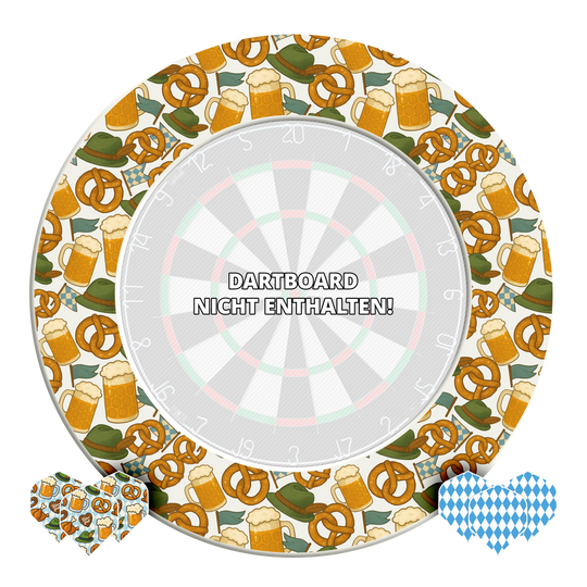 Hier sieht man das McDart Bierfest Dartboard Surround Set. Dieses Set dient zum sicheren Spielen und Dekorieren des Dartbereichs.