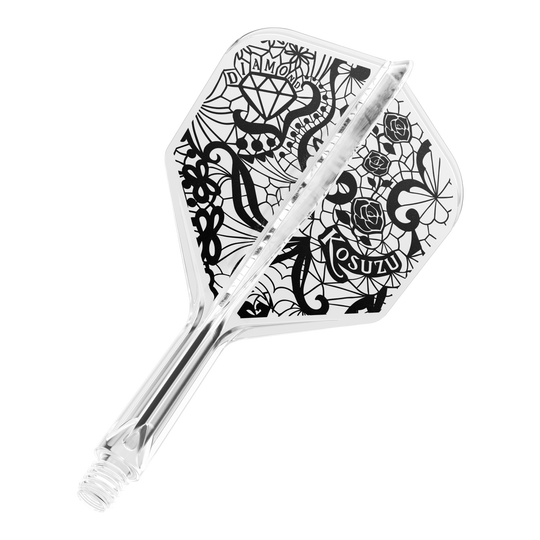 System wału lotniczego Target Japan K-Flex Diamond No6 Dies ist ein klarer Dartflight mit einem schwarzen, kunstvollen Design, das Rosen, ein Diamant und Netzmuster zeigt. Das System ist einteilig und hat ein Schraubgewinde am Ende.