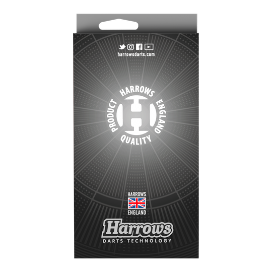 Die Abbildung zeigt die Verpackung der Harrows Siege Steeldarts. Die Vorderseite ist schwarz-grau gestaltet und trägt das Harrows-Logo sowie den Hinweis auf Qualität und Herkunft aus England.