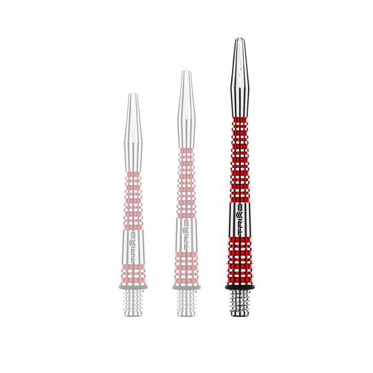 Winmau Triad RX Aluminium Shafts - Rot Das Bild zeigt drei unterschiedlich lange, rot-silberne Aluminium-Dartschäfte. Sie sind mit gerillten Strukturen für besseren Halt versehen.