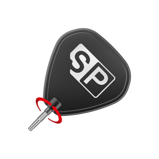 Celuj w szwajcarskie końcówki do rzutek Firepoint Silver Das Bild zeigt eine schwarze Dartspitze mit der Aufschrift "SP" in Weiß. Neben der Spitze befindet sich ein roter Pfeil, der eine Drehbewegung anzeigt.