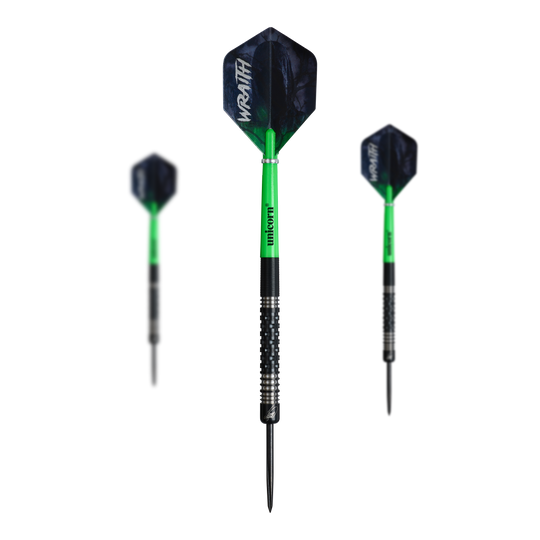 Das Bild zeigt ein Set der Unicorn Wraith James Wade Steeldarts. Diese Steeldarts sind für ein optimales Spielerlebnis entwickelt.