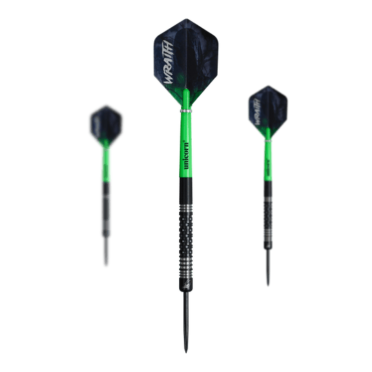 Stalowe lotki Unicorn Wraith James Wade Das Bild zeigt ein Set der Unicorn Wraith James Wade Steeldarts. Diese Steeldarts sind für ein optimales Spielerlebnis entwickelt.