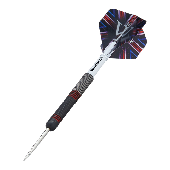 Unicorn The Machine James Wade 80% stalowe rzutki Das Bild zeigt einen Steeldart namens "Unicorn The Machine James Wade 80%". Der Dart hat ein schwarz-rotes Griffstück und ein auffälliges Flight-Design.