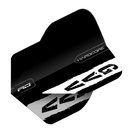 Red Dragon Hardcore Gian Van Veen Czarne Logo Standardowe Loty Das Bild zeigt einen schwarzen Dartflight mit dem weißen Logo "GVG" und dem Schriftzug "Hardcore". Es handelt sich um das Produkt "Red Dragon Hardcore Gian Van Veen Black Logo Standard Flights".