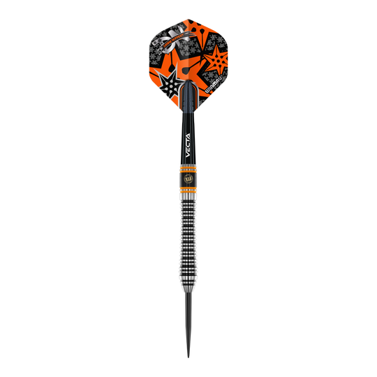 Winmau Danny Noppert Signature Edition 2 stalowe strzałki Dies ist ein Winmau Danny Noppert Signature Edition 2 Steeldart. Der Dart hat ein auffälliges schwarzes, silbernes und orangefarbenes Design mit Sternmotiven auf dem Flight.