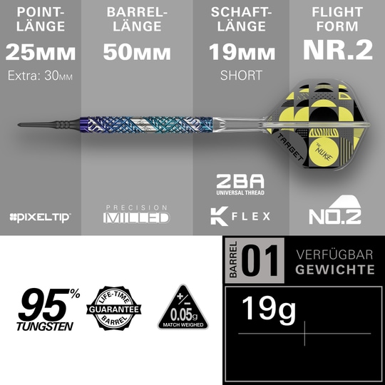 Lotki Target Luke Littler Edge Soft Darts - 19 g Abgebildet sind die Target Luke Littler Edge Softdarts - 19g. Die Darts liegen auf einer glatten Oberfläche und sind aus der Nähe zu sehen.
