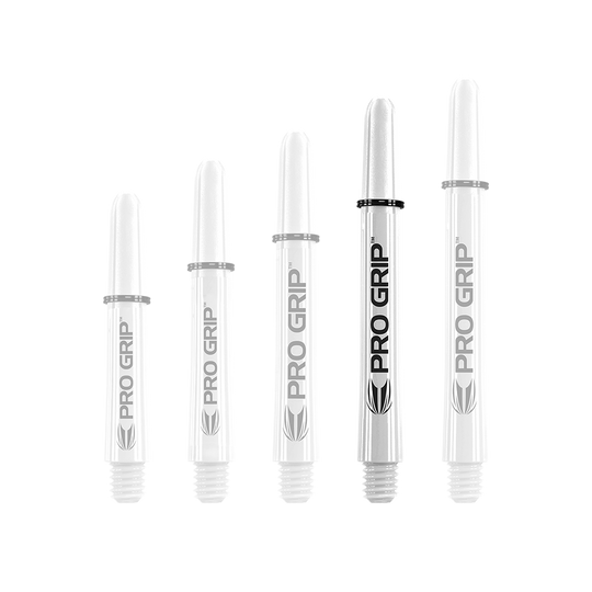 Uchwyty Target Pro Grip - 3 zestawy - białe Auf dem Bild sind fünf weiße Pro Grip Shafts für Dartpfeile in unterschiedlicher Länge zu sehen. Sie sind mit dem Schriftzug "PRO GRIP" und einem schwarzen Ring versehen.