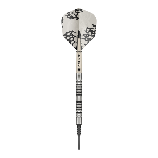 Target EXO 10 miękkich rzutek Das Bild zeigt einen Target EXO 10 Softdart. Der Dart hat ein silbernes und schwarzes Design mit einem gemusterten Flight.