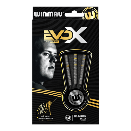 Miękkie rzutki Winmau Michael Van Gerwen Evo-X - 20g Die Abbildung zeigt die Verpackung der "Winmau Michael Van Gerwen Evo-X Softdarts - 20g". Auf der Vorderseite sind drei Softdarts sowie ein Porträt von Michael Van Gerwen zu sehen.