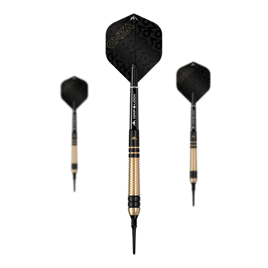 Das Bild zeigt drei Softdarts des Modells "Mission Onza Model 2 Black Gold" mit einem Gewicht von 18g. Die Darts sind in Schwarz und Gold gehalten und haben schwarze Flights mit goldenem Schriftzug.