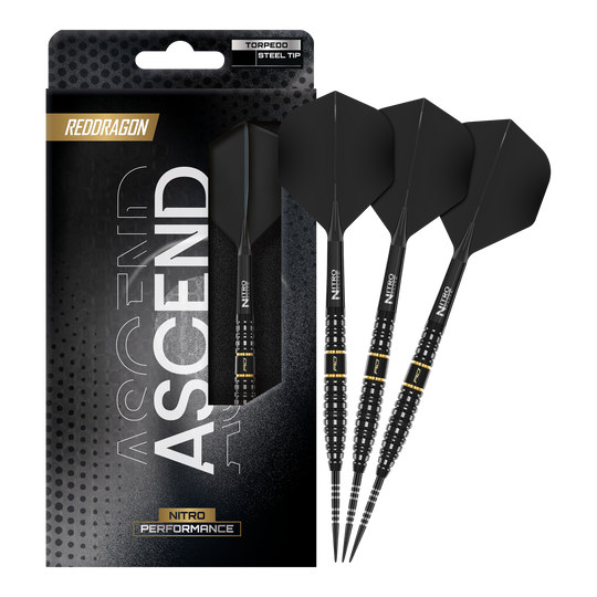 Zu sehen ist das komplette Set der Red Dragon Ascend Torpedo Steeldarts. Die Aufnahme zeigt alle enthaltenen Komponenten des Produkts.
