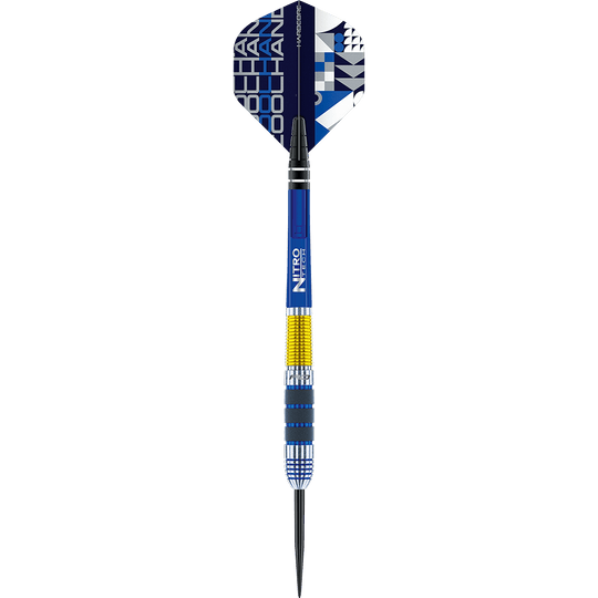 Der abgebildete Dartpfeil ist der "Red Dragon Luke Humphries Steeldart". Er hat ein farbenfrohes Design mit blauen, gelben und weißen Akzenten.