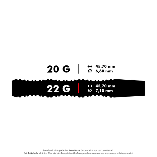 2440_Winmau_Mervyn_King_Special_Edition_Softdarts_5_22g Das Bild zeigt die Produktdaten der "Winmau Mervyn King Special Edition Softdarts". Die Darts wiegen 22 Gramm, sind 45,70 mm lang und haben einen Durchmesser von 7,10 mm.