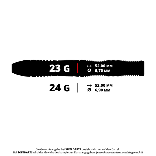 Lotki stalowe Mizu Series 02 Swiss Point firmy Target Japan Darstellung eines Target Japan Mizu Series 02 SP Steeldarts, 23g. Der Pfeil ist deutlich und aus der Seite zu sehen.