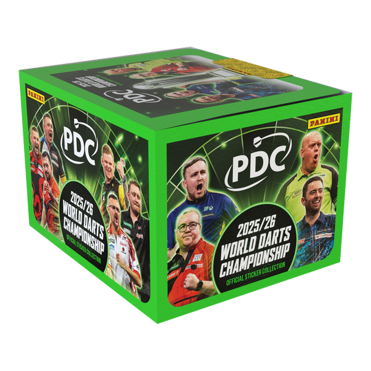 Zu sehen ist das Panini PDC World Darts Championship 2025/26 Hardcover Bundle mit einer Stickerbox. Es beinhaltet ein hochwertiges Album mit einer Box Sticker zur WM.
