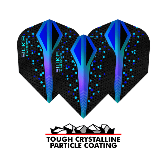 Powłoka krystaliczna Harrows Silika Colourshift Tough Blue No6 Flights Das Bild zeigt drei Harrows Silika Colourshift Tough Crystalline Coating Blue No6 Flights. Darunter befindet sich ein Logo mit der Aufschrift "Tough Crystalline Particle Coating".