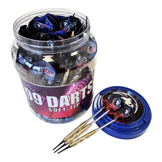 99 rzutek Löwen z miękką końcówką - 18g Das Bild zeigt eine große Dose mit der Aufschrift „99 DARTS SOFT-TIP“, die viele Soft-Tip-Darts enthält. Drei der 18g Darts liegen auf dem blauen Deckel neben der Dose.