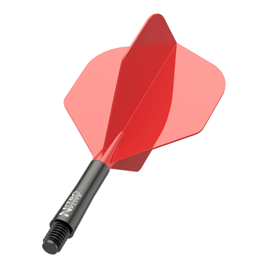 Zu sehen ist ein Nitro-Flite in Schwarz und Rot, Short Größe, 22 mm. Das Bild zeigt die Details und Farben des Dart-Flights.