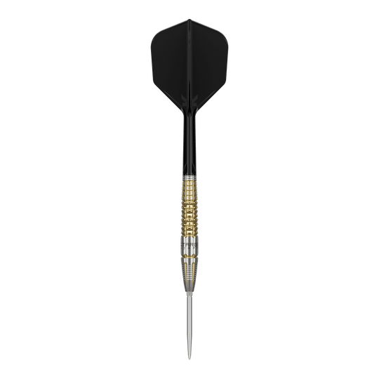 Das Bild zeigt einen Target Black Marque Warrior Swiss Point Steeldart. Der Dart hat eine schwarze Flight, einen gold-silbernen Griffbereich und eine spitze Stahlspitze.