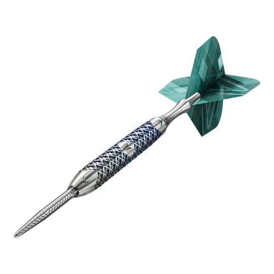 Stalowe lotki Target Rove 01 Swiss Point Das Bild zeigt einen Target Rove 01 Swiss Point Steeldart mit silbernem Schaft und blau-grünen Akzenten. Am hinteren Ende befindet sich eine grün gemusterte Dartflügel.
