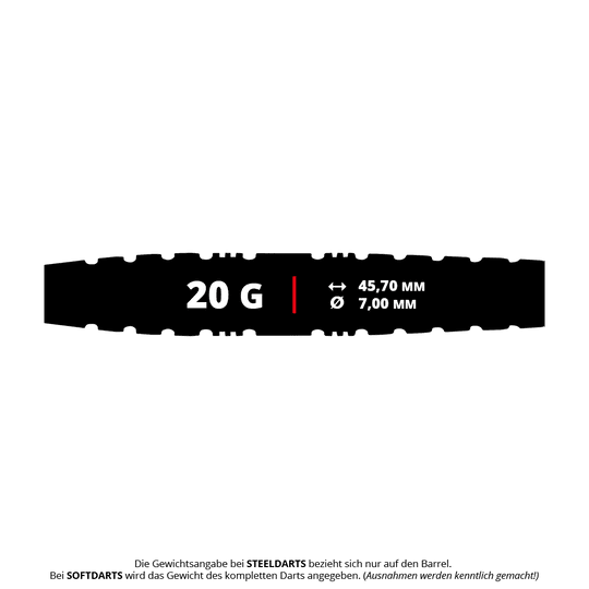 Red Dragon Paradym Torpedo Soft Darts - 20g Das Bild zeigt einen Red Dragon Paradym Torpedo Softdart mit einem Gewicht von 20 Gramm. Die Länge beträgt 45,70 mm und der Durchmesser 7,00 mm.