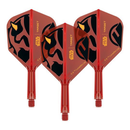 Ein Set von Dartflights mit Star Wars Motiv, wie im Dateinamen '410520_Target_StarWars_KFlex_DarthMaul_No6_Flights_Short_19mm_1Set' angegeben. Das Bild zeigt mehrere Flights im Darth Maul Design.