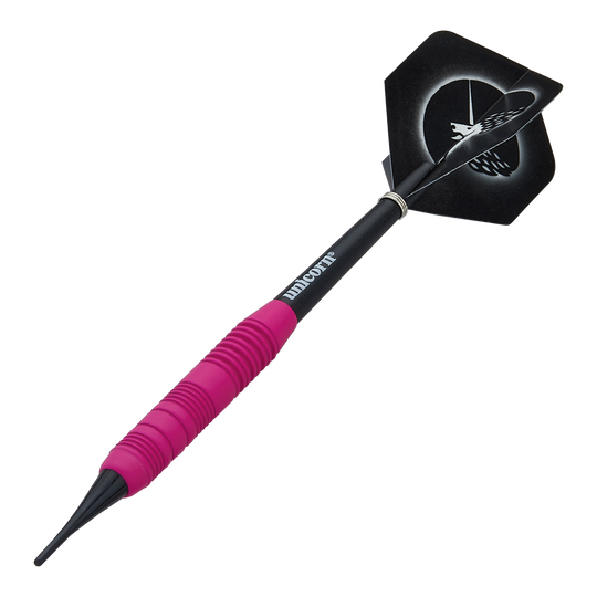 Unicorn Core Plus Gumowane Różowe Miękkie Lotki - 19g Das Bild zeigt einen pinken, gummierten Softdart namens "Unicorn Core Plus" mit einem Gewicht von 19g. Der Dartpfeil hat einen schwarzen Schaft und Flights mit einem Einhorn-Design.