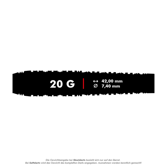 Miękkie lotki Shot Redline Mach 1 - 20g Das Bild zeigt die Produktinformationen für die Shot Redline Mach 1 Softdarts mit einem Gewicht von 20 Gramm. Die Darts haben eine Länge von 42,00 mm und einen Durchmesser von 7,40 mm.