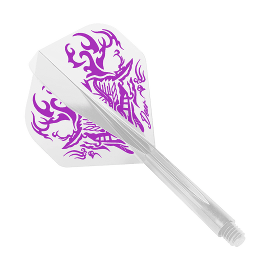 Standardowy system lotu Condor AX Deer Clear Das Bild zeigt das Produkt "Condor AXE Deer Clear Flight-System Standard". Es handelt sich um einen weißen Dartflight mit lila Hirsch-Design.