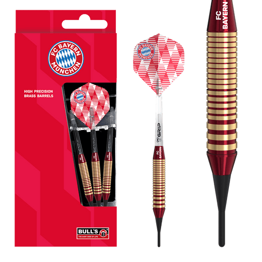 Bulls FC Bayern Munich Brass Soft Darts - 18g Das Bild zeigt die Bulls FC Bayern München Brass Softdarts mit einem Gewicht von 18g. Das Produkt ist speziell für Fans des FC Bayern München entworfen.