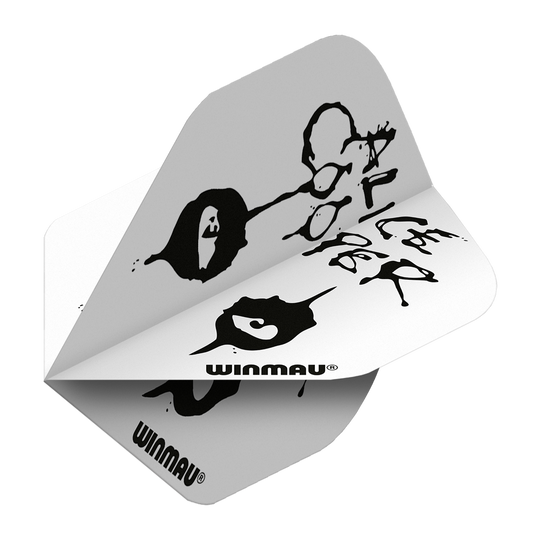 Das Bild zeigt das Produkt "Winmau Rockstar Legends Alice Cooper Eyes Standard Flights". Die Flights sind weiß mit einem schwarzen, künstlerischen Design und dem Schriftzug "Alice Cooper".