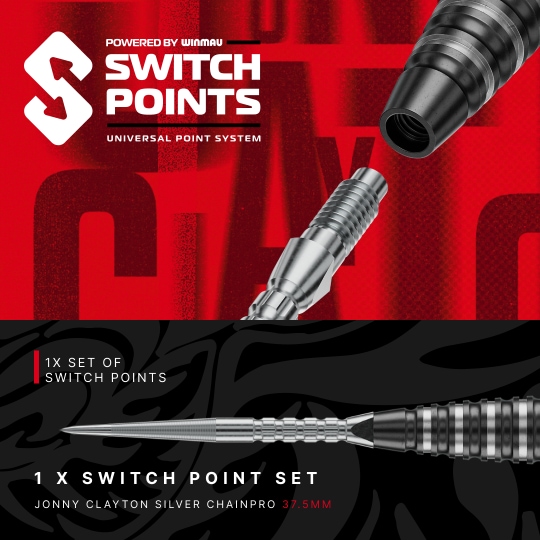 Rzutki stalowe Red Dragon Jonny Clayton RD-PRO Switch Point Das Bild präsentiert Red Dragon Jonny Clayton RD-PRO Switch Point Steeldarts. Die Dartpfeile sind geordnet auf einer hellen Fläche zu sehen.