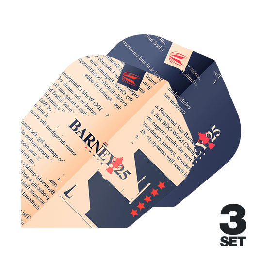 Target ProUltra Raymond Van Barneveld Barney25 No6 Flights Das Bild zeigt die "Target ProUltra Raymond Van Barneveld Barney25 No6 Flights" in einem auffälligen Design mit Text und Sternen. Rechts unten ist die Information "3 Set" zu sehen.