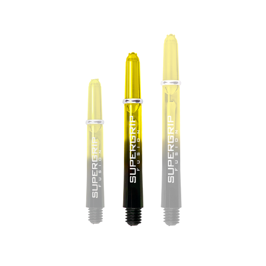 Das Bild zeigt drei Harrows Supergrip Fusion Shafts in der Farbe Gelb. Die Shafts sind unterschiedlich lang und haben einen schwarzen unteren Bereich.